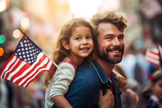 Excited child sitting with american flag on shoulders of father reunited with family. High quality photo