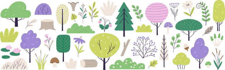Doodle forest cute nature elements. Funny tree and bush, leaves and berries. Autumn eco green graphic, flat minimal style racy vector clipart © LadadikArt