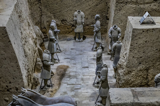 XI’AN, CHINA - JULY 27, 2023. Terracotta Army or Terra Cotta Warriors and Horses (210 - 209 BC) - terracotta sculptures depicting armies of first emperor of China Qin Shi Huang. PIT 3 - Command Post. 