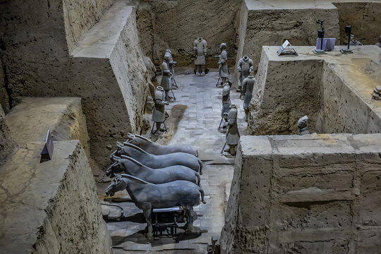 XI&rsquo;AN, CHINA - JULY 27, 2023. Terracotta Army or Terra Cotta Warriors and Horses (210 - 209 BC) - terracotta sculptures depicting armies of first emperor of China Qin Shi Huang. PIT 3 - Command Post. 