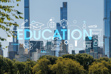 Green lawn at Central Park and Midtown Manhattan skyline skyscrapers at day time, New York City, USA. Technologies and education concept. Academic research, top ranking university, hologram