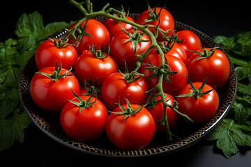 A rustic wooden platter holds numerous tasty tomatoes. The white background shows tomato reds and oranges. The tomatoes' lustrous skin sparkles in optimum lighting, suggesting farm-fresh flavor on a p