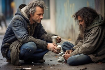 passerby gives this man food and money