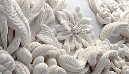 Floral white background with embroidered volumetric flowers.