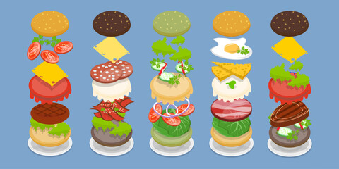 3D Isometric Flat Vector Set of Burger Maker, Elements for Different Sandwich