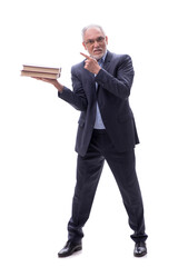 Old businessman holding books isolated on white