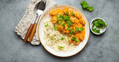 Traditional Indian dish chicken curry with basmati rice and fresh cilantro on rustic white plate on...