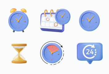 3D time and clock icon set, timer, speed, alarm, restore, management, calendar, watch 3D UI symbols for web and mobile phone on white background editable vector illustration eps10 - obrazy, fototapety, plakaty