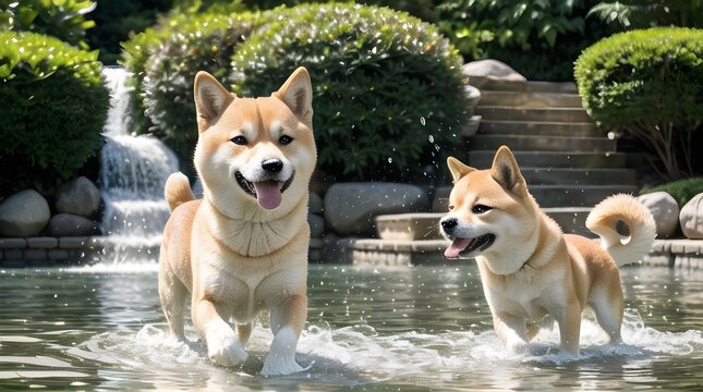 Cute shiba inus having fun in a pool