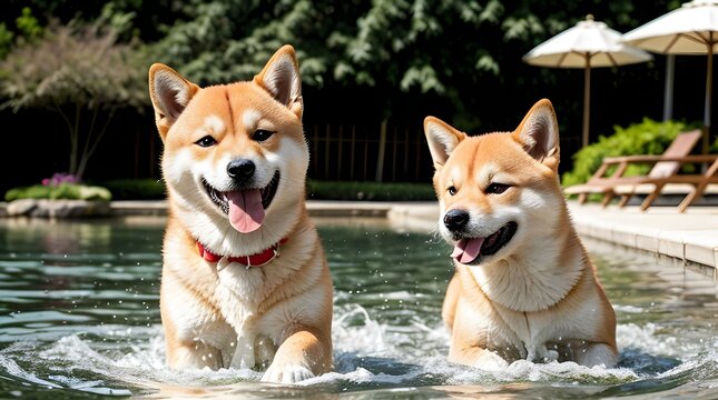 Cute shiba inus having fun in a pool