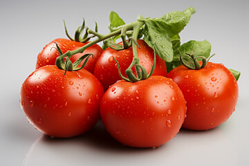 Experience the appeal of these brilliant red tomatoes on a white background. The contrast highlights the tomatoes' rich color, conveying freshness and purity.