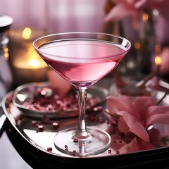 a glass of pink martini. Beautiful decor in the style of Barbie. Sweet alcoholic dessert decorated for a drink. Festive cocktail

