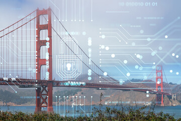 The iconic view of the Golden Gate Bridge from South side at day time, San Francisco, California, United States. The concept of cyber security to protect confidential information, padlock hologram