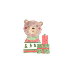 Cute bear in red christmas winter sweater with winter balls - hand drawn isolated on white background illustration. Nursery postcard design