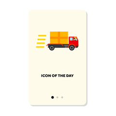 Fast truck or lorry delivering parcel flat icon. Vertical sign or vector illustration of mail, postal or express delivery element. Delivery service, transportation for web design and apps