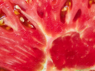 macro detail of inside fresh tomato ,  sliced tomato close up