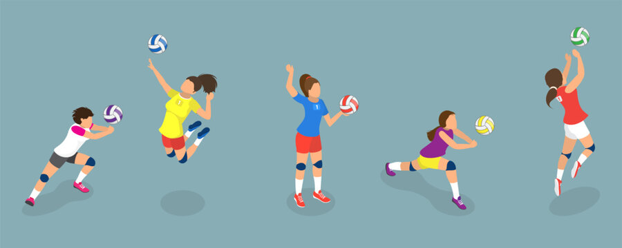 3D Isometric Flat Vector Set of Volleyball Players, Team Sports Game
