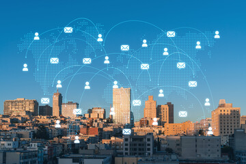 Panoramic cityscape view of San Francisco Nob hill area, sunset, midtown skyline, California, United States. Social media hologram. Concept of networking and establishing new people connections