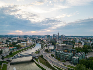 Aerial view of old town and downtown of Vilnius at sunset