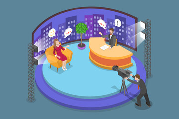 3D Isometric Flat Vector Conceptual Illustration of Talk Show, Broadcasting Room Interior