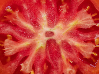 macro detail of inside fresh tomato ,  sliced tomato close up