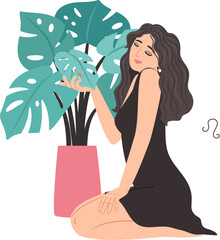 Zodiac sign Leo, beautiful woman with Monstera houseplant, horoscope astrology symbol
