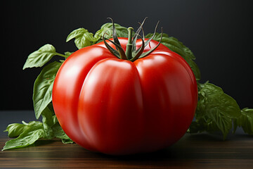This stunning shot shows A lush red tomato against a dark background. It's great for your collection since the high-quality capture shows every detail, from the gleaming skin to the dew drops.