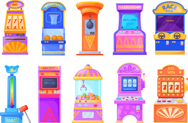 Amusement machines. Cartoon game machine kids center attraction carnival park, retro arcade battle video games boxing basketball gambling slots machinery, neat vector illustration