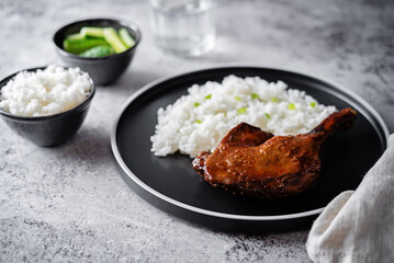 Peking duck with rice on a plate