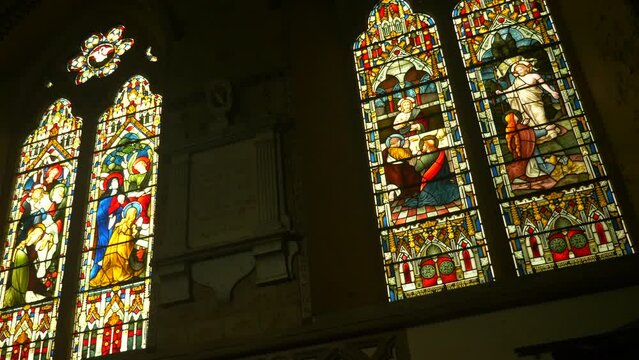 Ornate Stained Glass Windows Cathedral Church Biblical Coloured Light Inside Pan