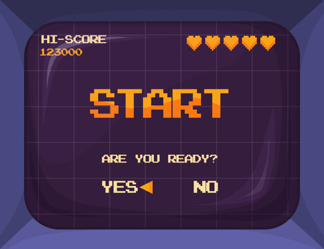 Arcade game screen. Retro gaming machine display, pixel video games 8-bit play interface old computer or vintage console monitor for start gamer players, neat vector illustration
