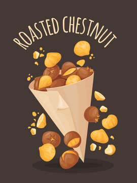 Roasted chestnuts. Roast cartoon chestnut in paper bag, grilled nuts in nature shell street organic food on europe france or turkey bazaar, roasting snack neat vector illustration