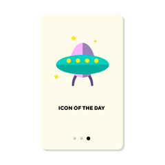 Pink and green cartoon UFO or alien ship flat icon. Vertical sign or vector illustration of space exploration or cosmos element. Outer space, technology, astronomy for web design and apps