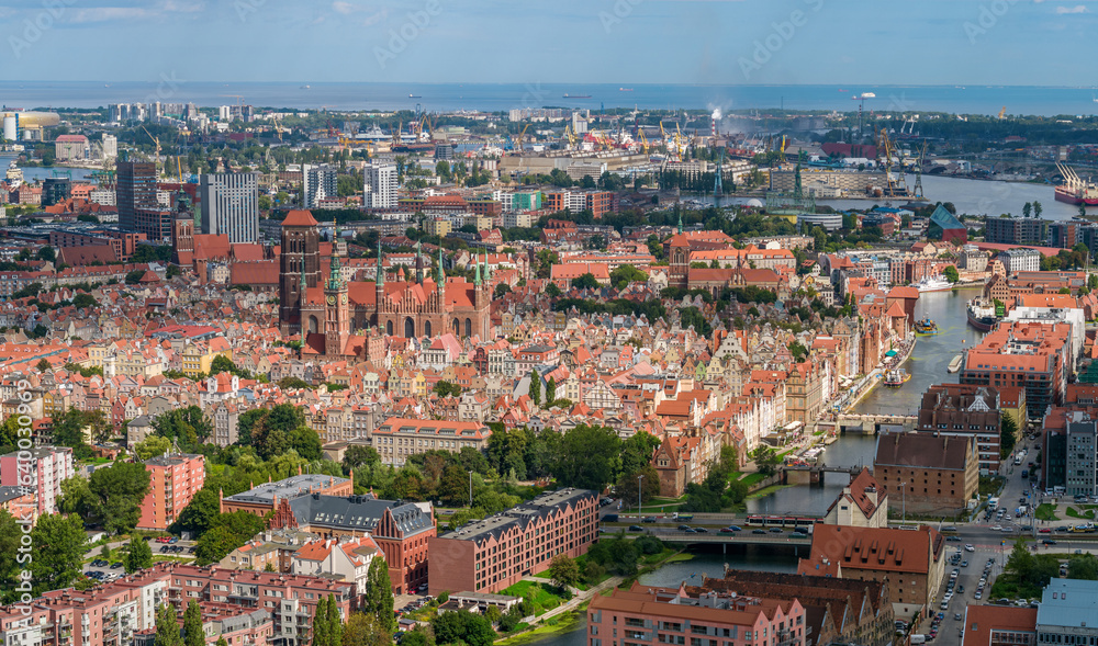 Poster Tourist destination of Gdansk, aerial landscape of old town