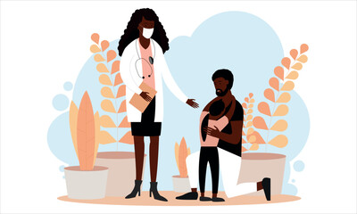 Illustration of a young man with a child being examined by a doctor. The child is afraid of the doctor. Parental care in health care.