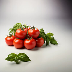 Set against a pristine white backdrop, this high-quality image places the radiant tomatoes at the center of attention. The vibrant red hue of the tomatoes pops against the clean canvas, isolated. 