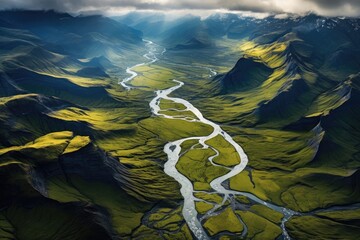 aerial shot of winding river deltas and canyons from a helicopter or drone, Stunning Scenic World Landscape Wallpaper Background