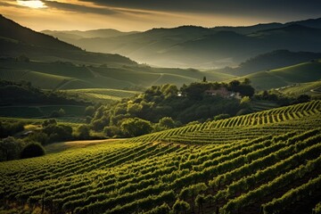 A serene vineyard with rows of grapevines and rolling hills, Stunning Scenic World Landscape...