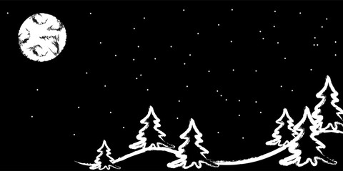 Night winter landscape with fir trees, stars and full moon. Black and white. Christmas vector illustration. Copy space.