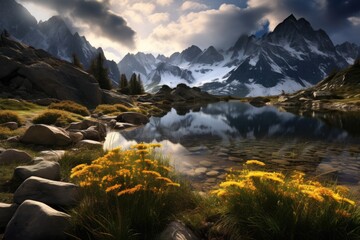 Obraz premium A serene alpine mountain lake reflecting the surrounding high mountain peaks that are snow covered, Stunning Scenic World Landscape Wallpaper Background