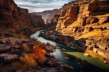 A picturesque red canyon with layered rock formations and a meandering river grand canyon, subway, green river, arizona, utah, Stunning Scenic World Landscape Wallpaper Background