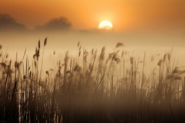 A peaceful and mist-covered marshland with tall reeds and birdlife, ducks, and waterfowl at sunrise or sunset, Stunning Scenic World Landscape Wallpaper Background