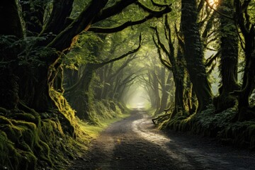 A misty and mysterious forest with towering trees and foggy pathways, Stunning Scenic World Landscape Wallpaper Background