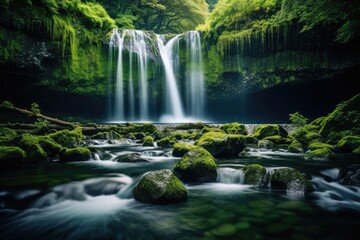 A majestic waterfall surrounded by lush green vegetation and moss-covered rocks, Stunning Scenic World Landscape Wallpaper Background