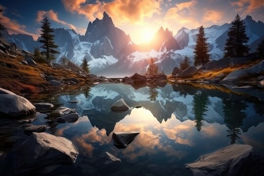A serene alpine mountain lake reflecting the surrounding high mountain peaks that are snow covered, Stunning Scenic World Landscape Wallpaper Background