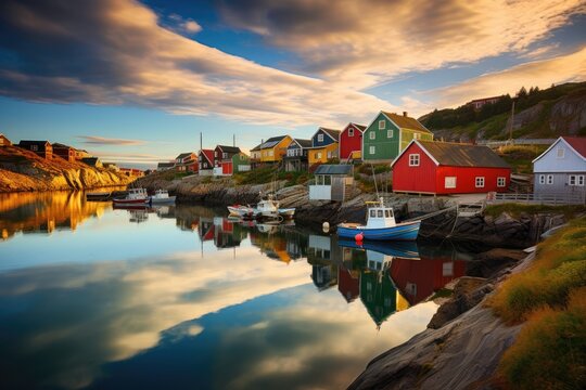 A picturesque Norwegian or Swedish coastal fishing village with colorful houses and a bustling harbor, Stunning Scenic World Landscape Wallpaper Background