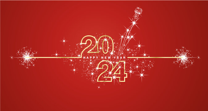 Happy New Year 2024 eve line design loading sparkle firework open champagne golden white red vector wallpaper greeting card