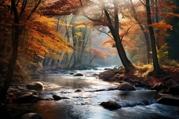 Fall on the river with the changing leaves, Stunning Scenic World Landscape Wallpaper Background