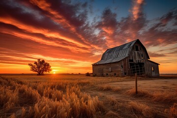 An old barn near a Kansas farm field during a peaceful colorful red sunset, Stunning Scenic World Landscape Wallpaper Background - Powered by Adobe