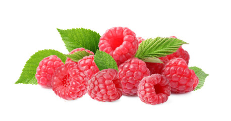 Fresh ripe raspberries with green leaves isolated on white